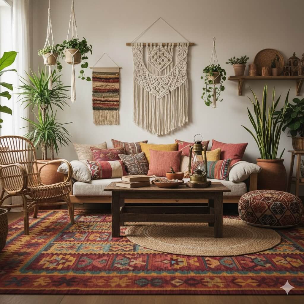 Mẫu nội thất phòng khách hiện đại phong cách Bohemian (Boho)