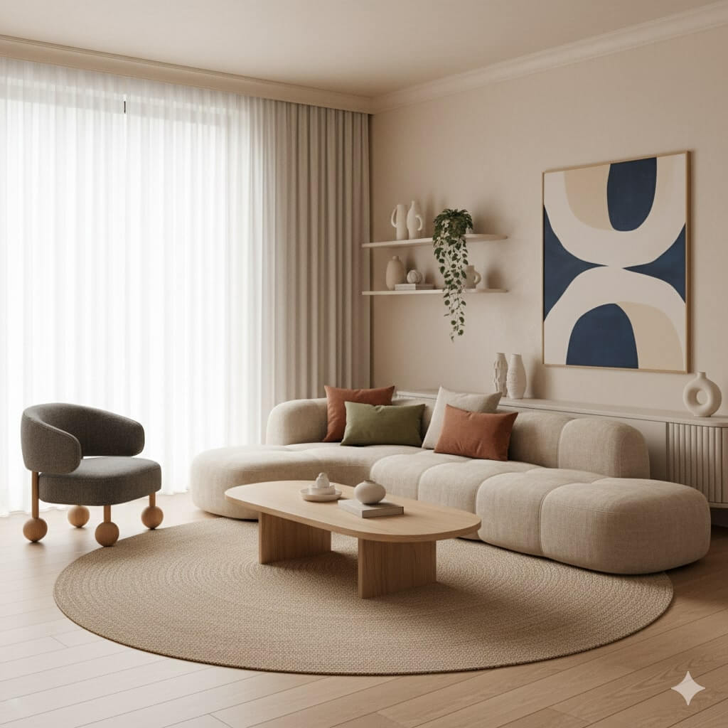 Xu hướng phòng khách hiện đại đơn giản với Đồ nội thất cong & hữu cơ (Curves & organic shapes)