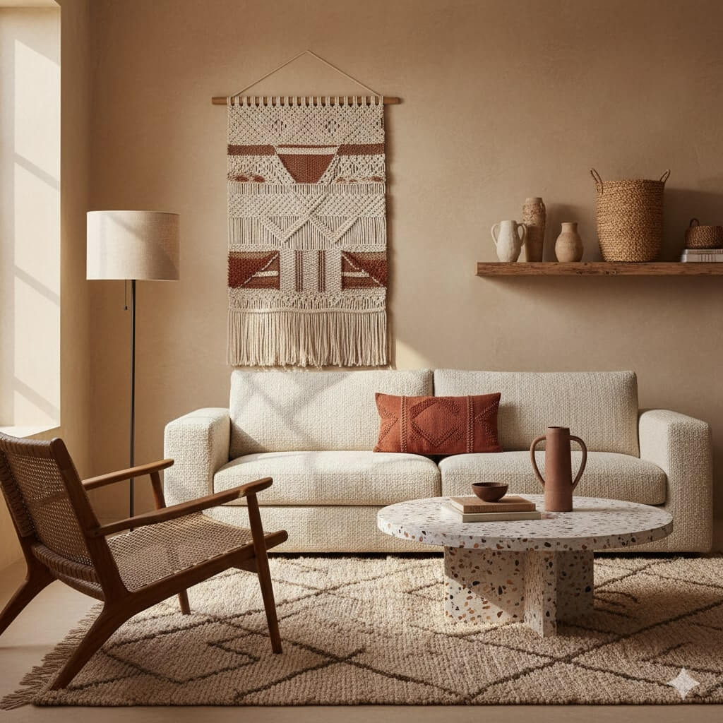 Xu hướng design phòng khách với Textures & tay nghề thủ công (Tactile textures & artisanal finishes)