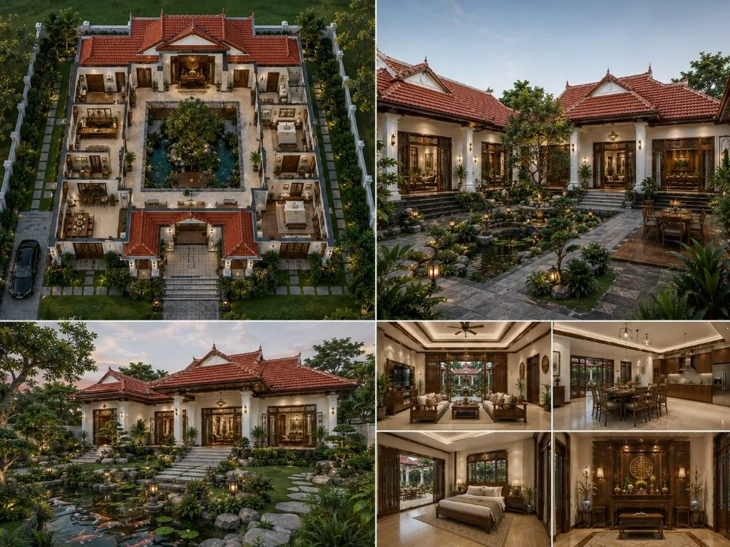 Mẫu biệt thự 1 tầng mái thái cổ điển 190 m2 sàn