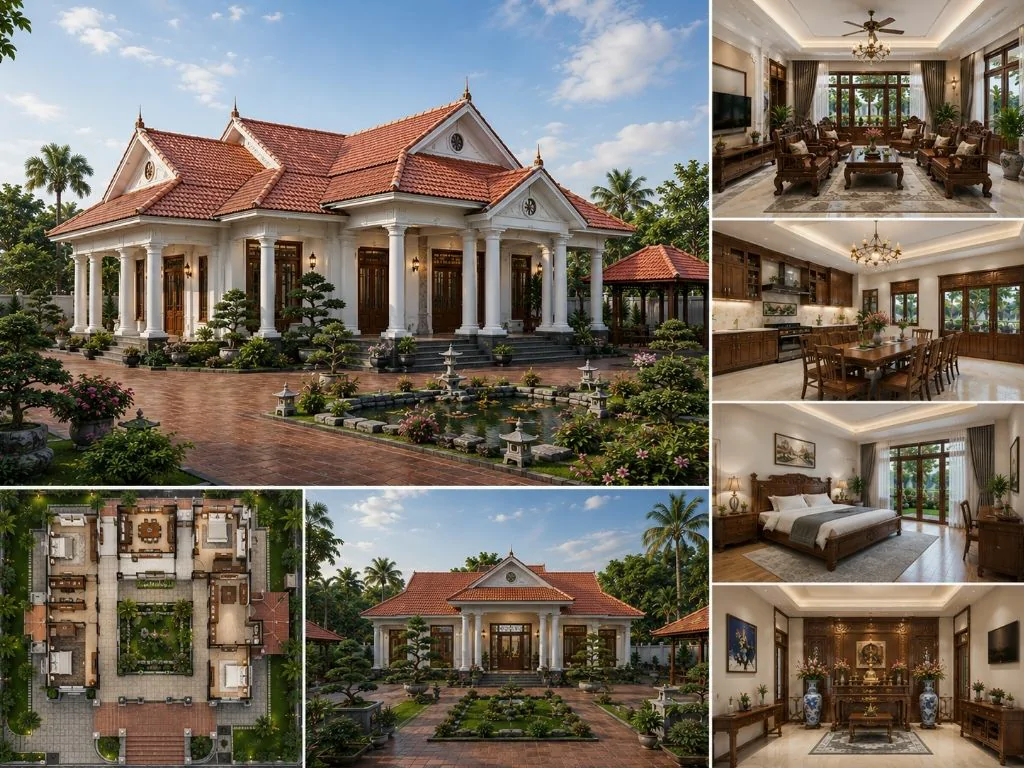 Mẫu biệt thự 1 tầng mái thái cổ điển 190m2 sàn