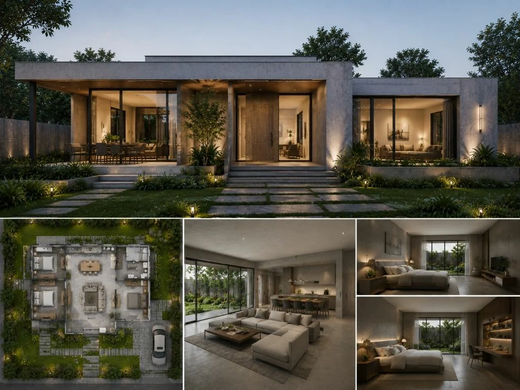 Mẫu biệt thự một tầng hiện đại tối giản 160m2 sàn