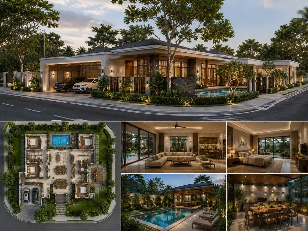 Mẫu biệt thự nhà vườn 1 tầng 2 mặt tiền 280 m2 sàn