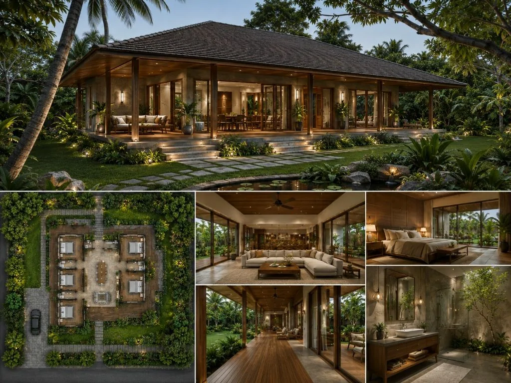 Mẫu biệt thự nhà vườn 1 tầng đẹp nhiệt đới 220 m2 sàn