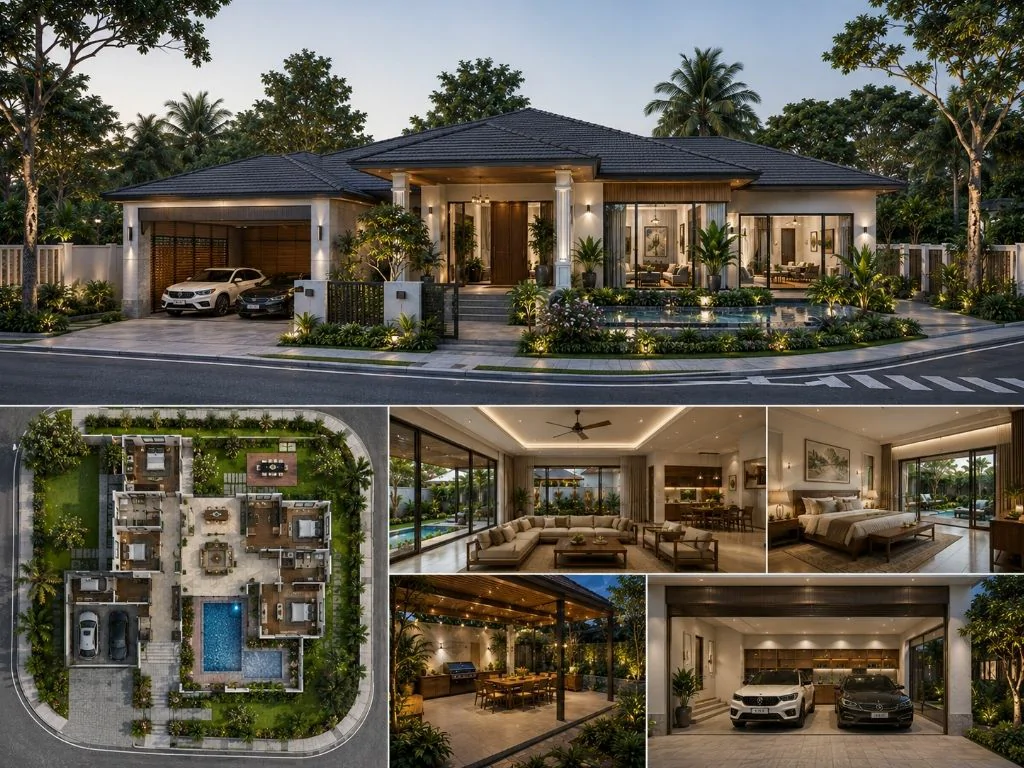 mẫu biệt thự nhà vườn 2 mặt tiền 1 tầng 280m2 sàn