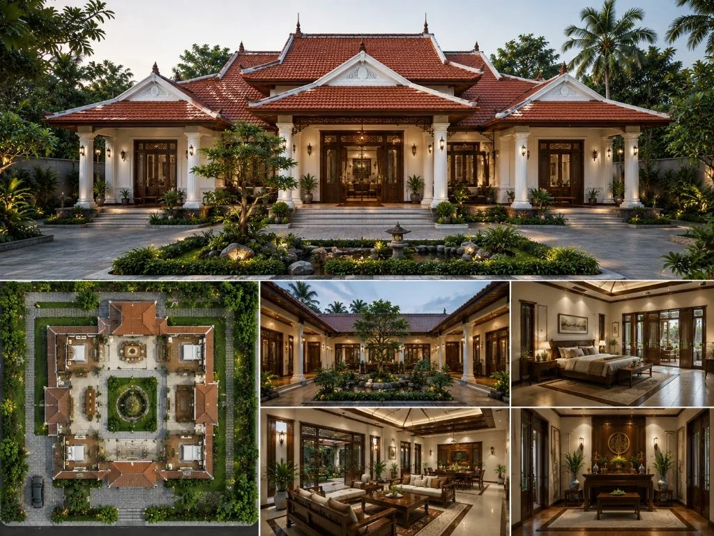 Mẫu nhà biệt thự 1 tầng mái thái cổ điển đẹp 190 m2 sàn