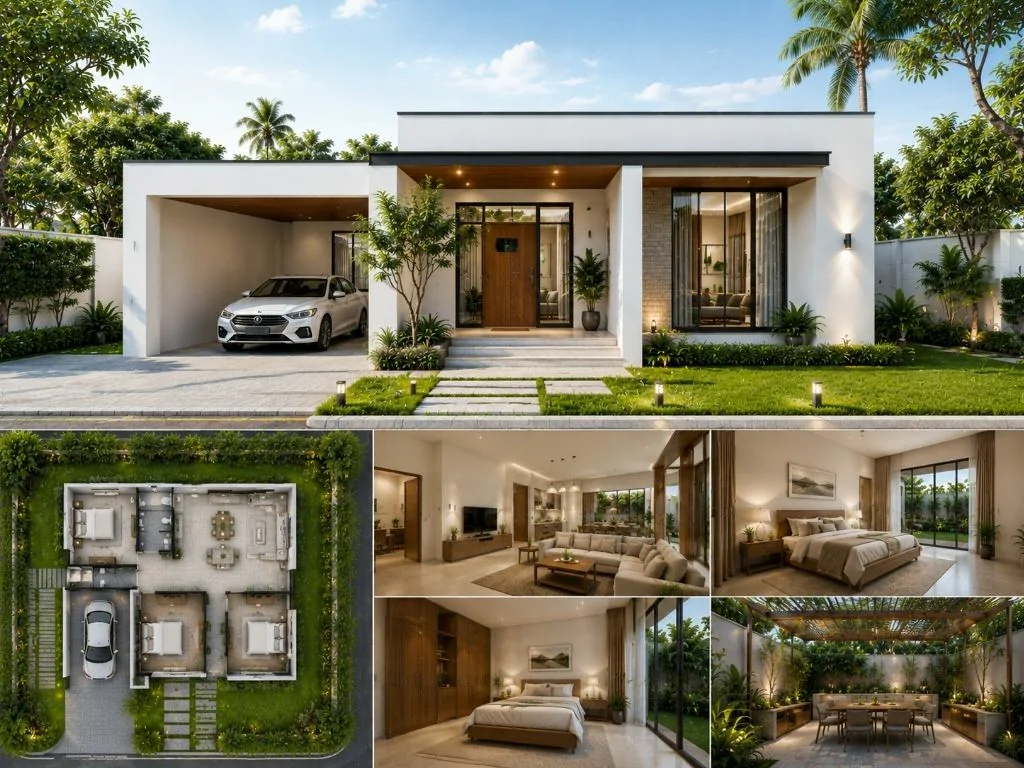 Mẫu nhà villa 1 tầng hiện đại đơn giản dt sàn 130 m2