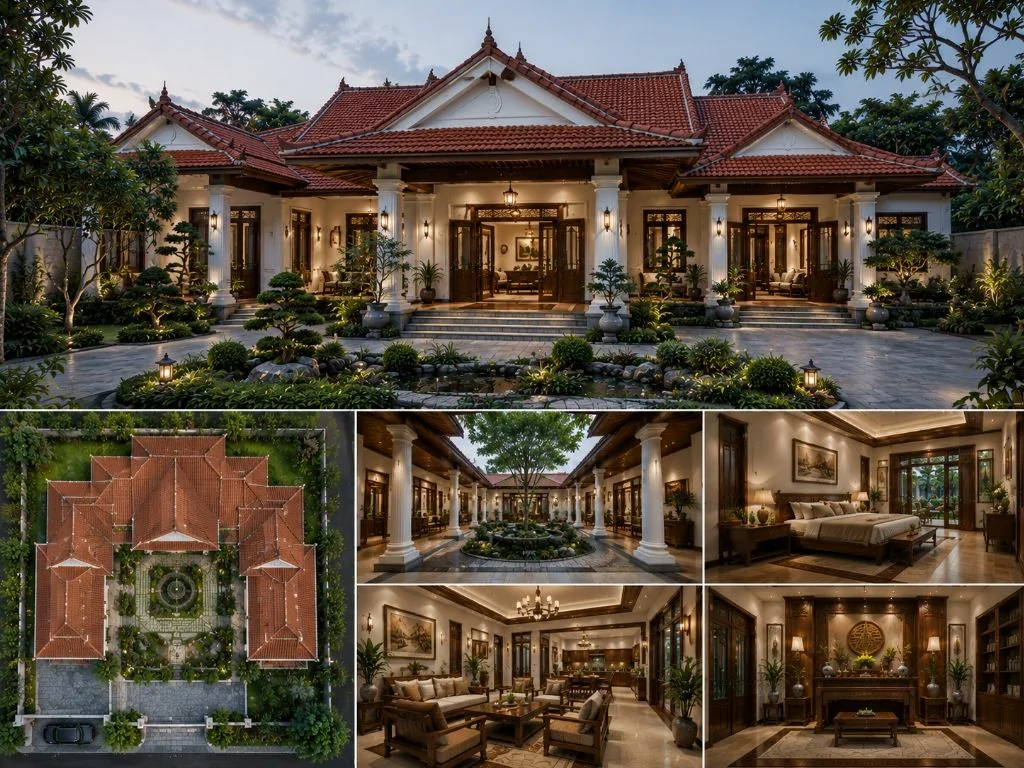 Nhà biệt thự 1 tầng mái thái cổ điển 190 m2 sàn