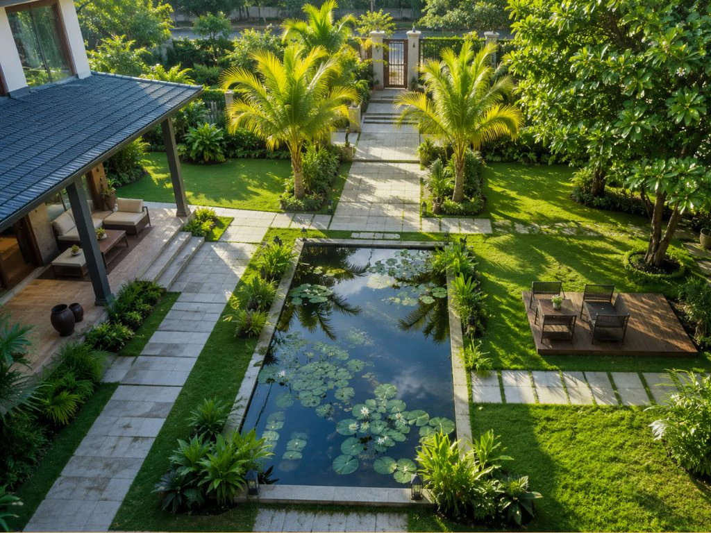 Thiết kế sân vườn biệt thự nhiệt đới phong cách Tây Nguyên — hồ nước và cảnh quan xanh