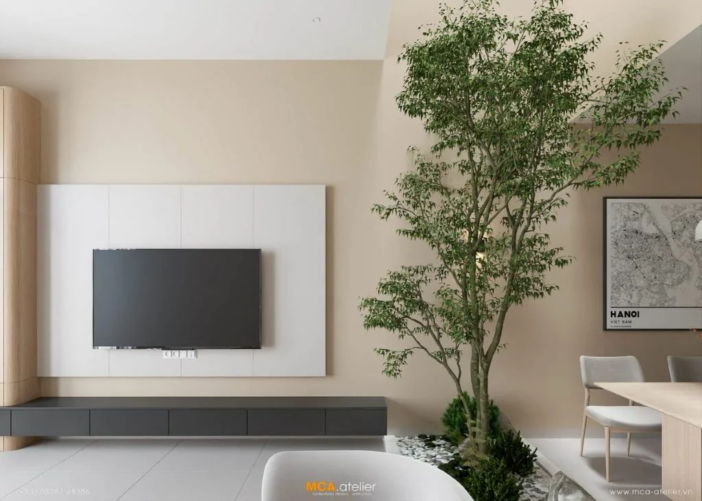 Phòng khách nhà 2 tầng Mr. Truong House với giếng trời trồng cây xanh giữa nhà, phối cảnh thiết kế của MCA.atelier