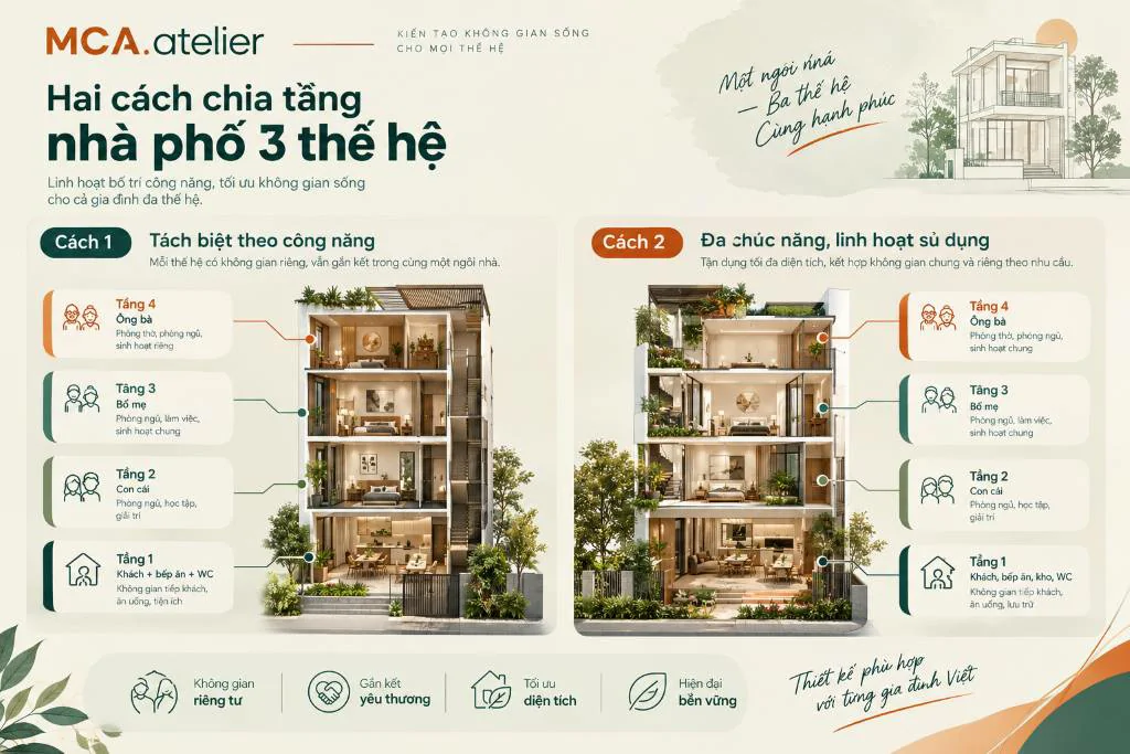 Hai cách chia tầng nhà phố 3 thế hệ