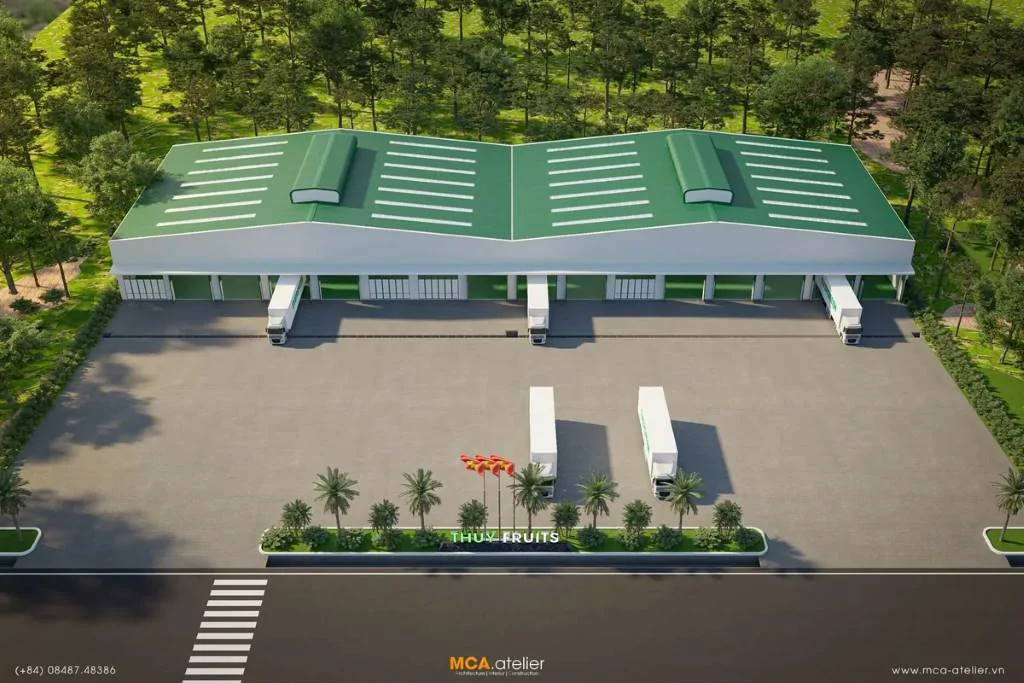 Phối cảnh trên cao mặt trước phương án nhà xưởng Thuy Fruits Factory