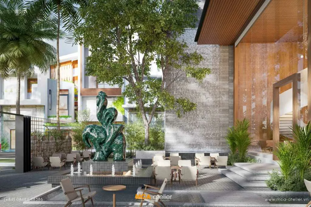 Sân vườn quán cafe, hồ nước, tiểu cảnh